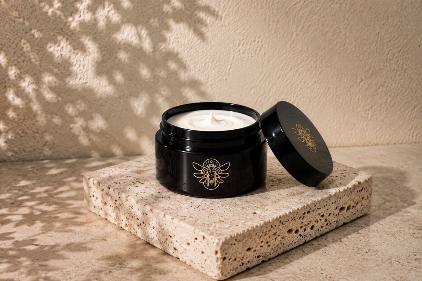Mellifera cream on a warm stone surface in dappled sunlight